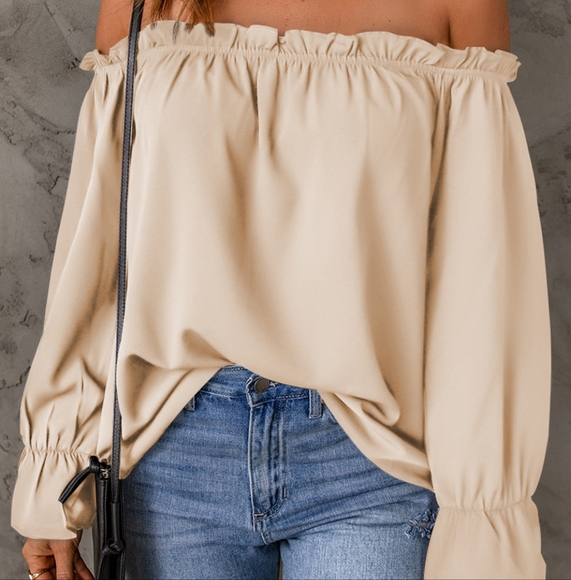 Cream Frill Trim Off-Shoulder Flounce Sleeve Blouse - Picture 2 of 3